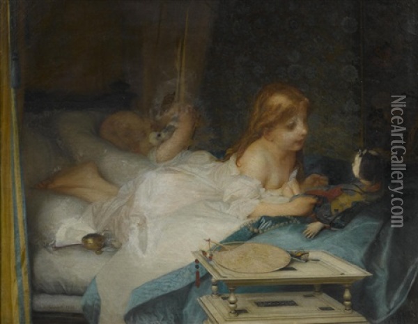 A Child And Doll On A Bed Oil Painting - Pierre-Victor Galland
