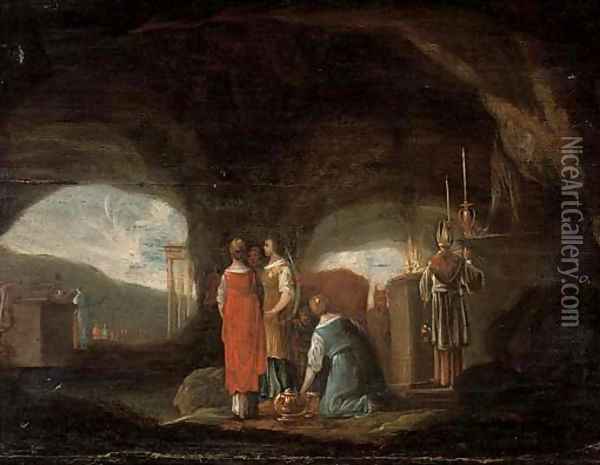A grotto with a pagan sacrifice Oil Painting - Rombout Van Troyen