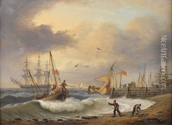 Landing Passengers Ashore On A Blustery Day, With A Frigate At Anchor Beyond Oil Painting - Thomas Luny