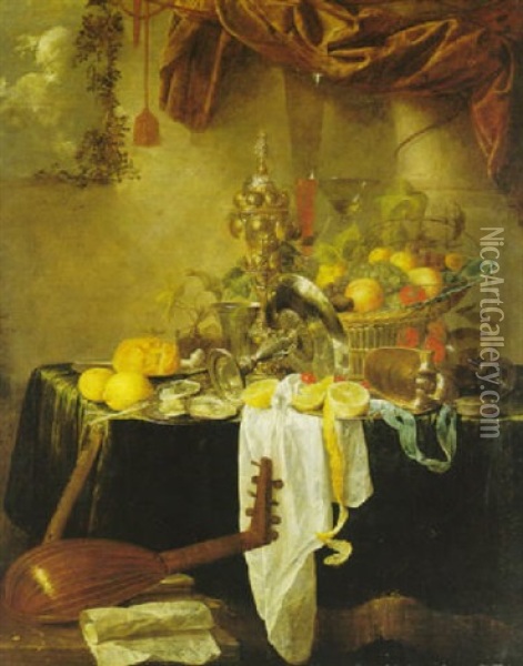 Still Life Of A Basket Of Fruit, An Overturned Tazza, A Giltcovered Cup, A Nautilus Shell, Lemons And Other Objects... Oil Painting - Jan van den Hoecke