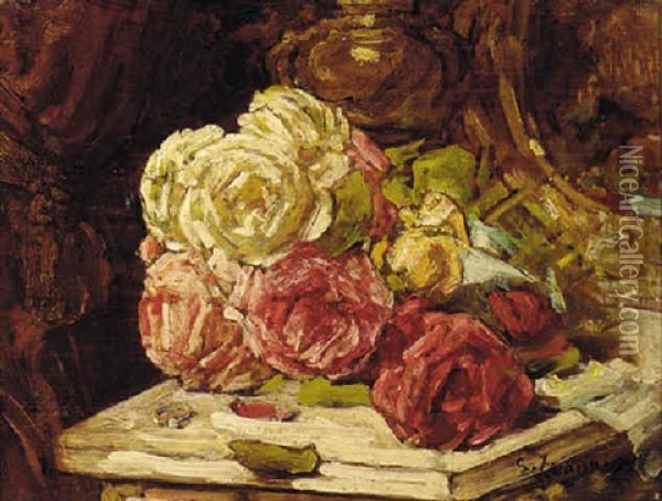 Mixed Roses And A Gold Ring On A Table Oil Painting - Georges Jeannin