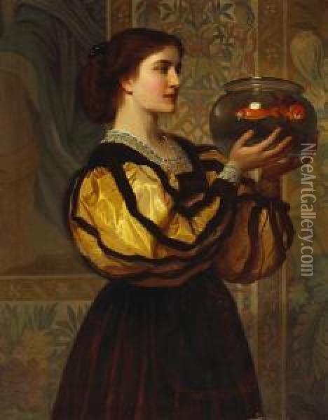 The Goldfish Bowl Oil Painting - Charles E. Perugini