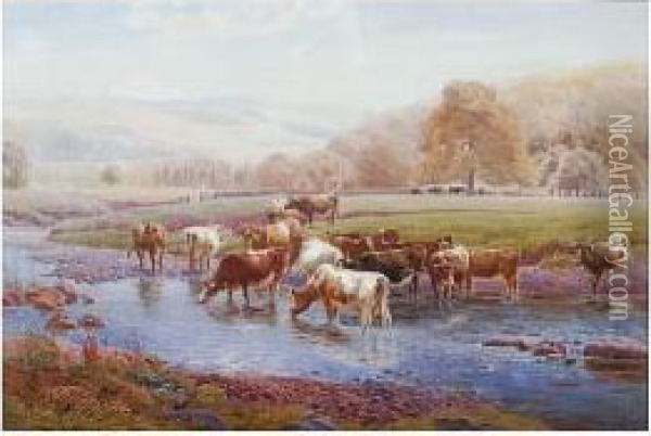 Cattle Watering At A Stream Oil Painting - Henry Birtles