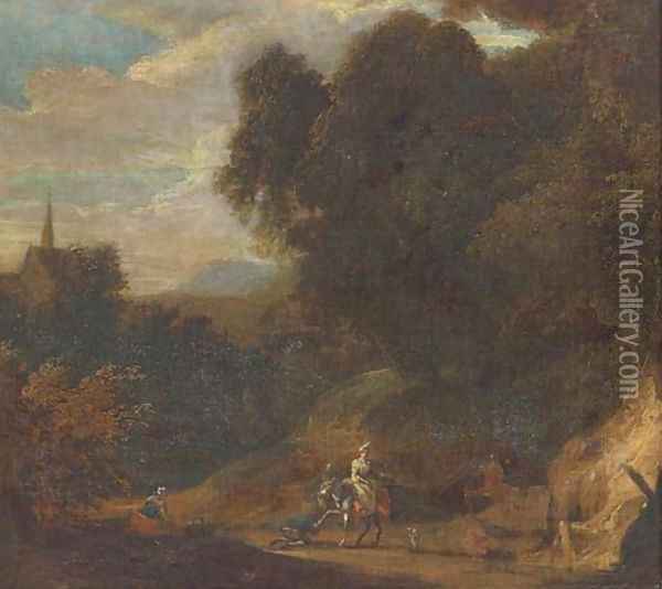 A wooded landscape with travellers on a track Oil Painting - Jan Baptist Huysmans