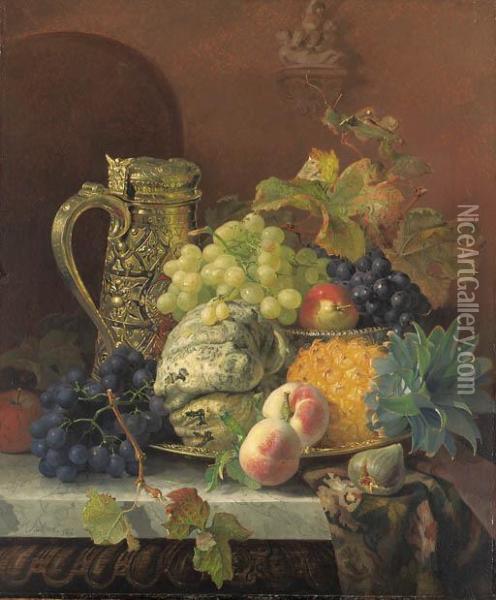 A Melon, Pineapple, Grapes And 
Other Fruits On A Tray, With Asilver Gilt Flagon On A Marble Ledge Oil Painting - Eloise Harriet Stannard