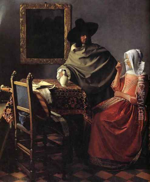 A Lady Drinking and a Gentleman (detail) Oil Painting - Jan Vermeer Van Delft