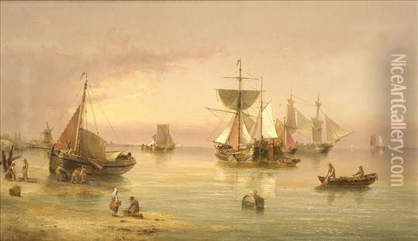 Evening Calm, Thedutch Coast, With Fishing Fleet And Merchantmen, A Windmill Beyond Oil Painting - Henry Redmore
