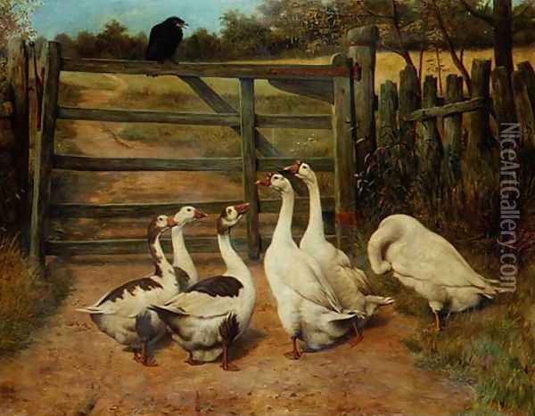 The Sermon - A Raven Addressing a Gaggle of Geese Oil Painting - Herbert William Weekes