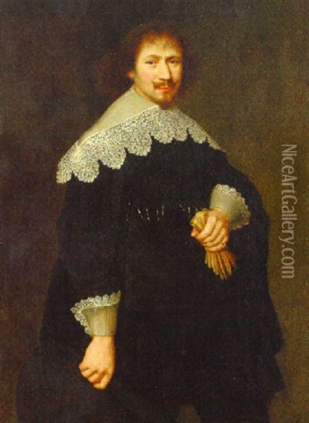 Portrait Of A Gentleman Aged 34 In Black Costume Oil Painting - Jan Anthonisz Van Ravesteyn