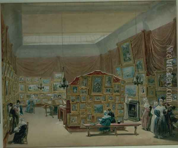 Interior of the Gallery of the New Society of Painters in Watercolour, Old Bond Street, 1834 Oil Painting - George the Elder Scharf
