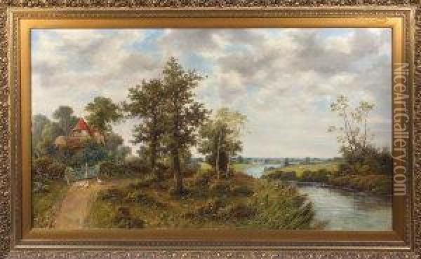 A Wooded River Landscape With A Woman And Geese Oil Painting - John Henry Boel