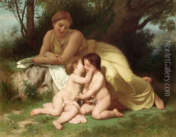 Jeune femme contemplant deux enfants qui s'embrassent (Young woman contemplating two embracing children) Oil Painting - William-Adolphe Bouguereau