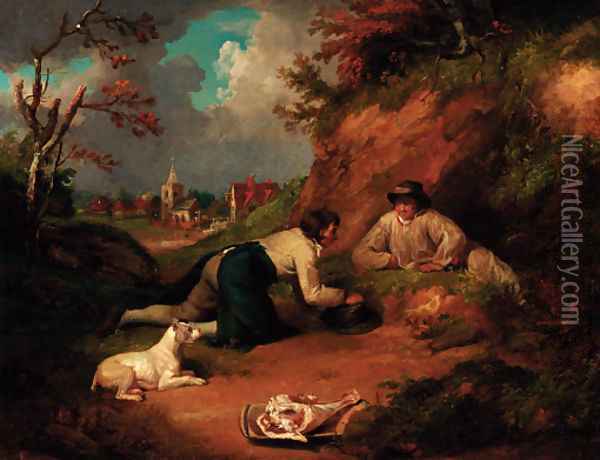 Boys rabbiting with a village beyond Oil Painting - George Morland