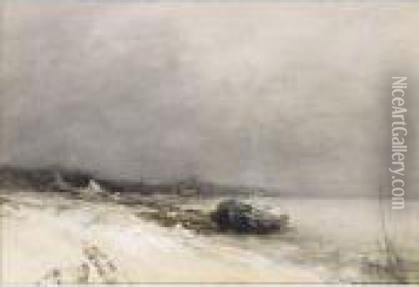 An Extensive Winter Landscape With A Boat Oil Painting - Louis Apol