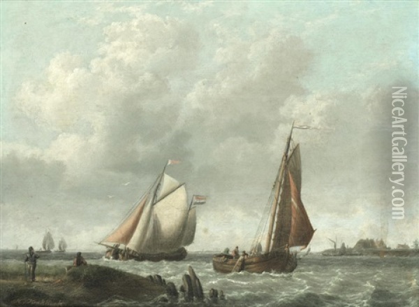Ships In Coastal Waters Oil Painting - Johannes Hermanus Koekkoek
