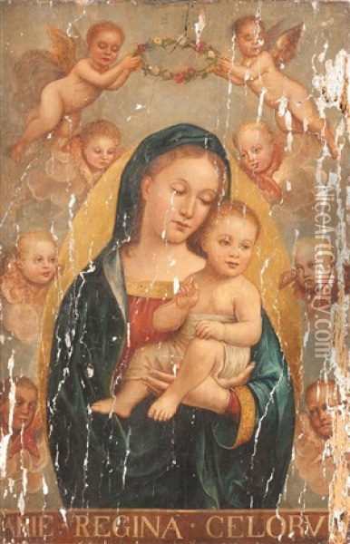 Maria Mit Dem Christusknaben, Engeln Und Cherubim (2 Parts On 1 Panel) Oil Painting - Bernardino Betti Pinturicchio