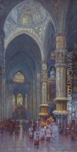 Cathedral Interior With Figures Oil Painting - Thomas Greenhalch