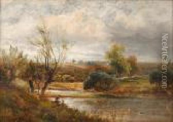 The Trent Near Ingleby, With Two Boys Fishing On The Bank Oil Painting - David Payne
