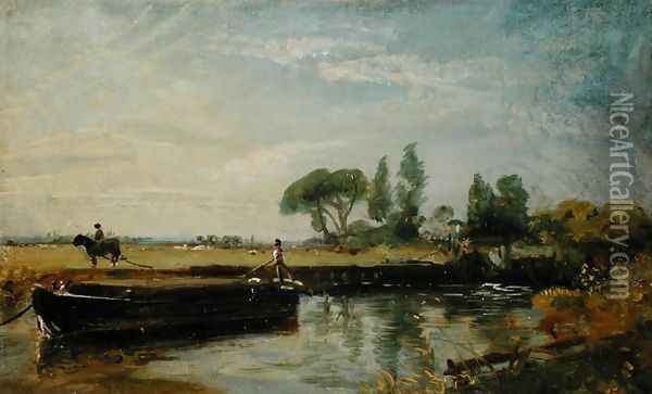 A Barge below Flatford Lock, c.1810 Oil Painting - John Constable