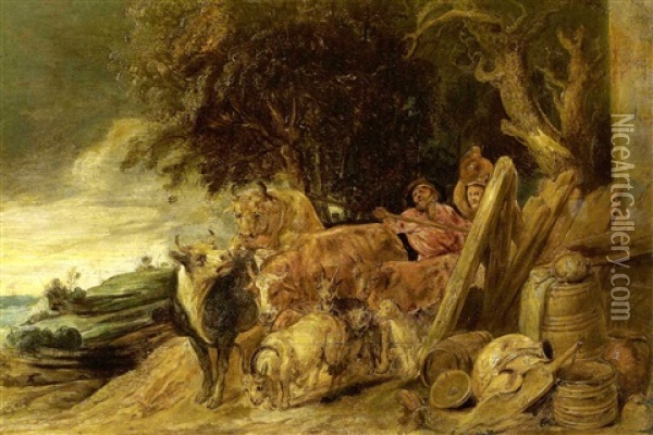 Berger Et Sa Femme Au Pres Du Troupeau (in Collab. W/studio Of Peter Paul Rubens) Oil Painting - Cornelis Saftleven