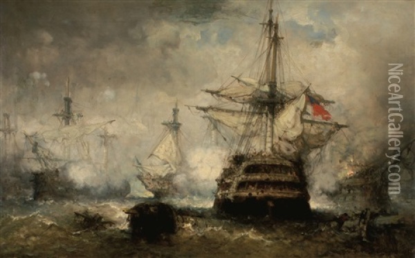 Combat Naval - Zeeslag Oil Painting - Hendrik Frans (Henri) Schaefels
