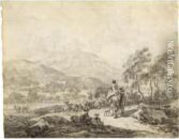 Italianate Landscape With Resting Figures And Their Flocks Oil Painting - Nicolaes Berchem