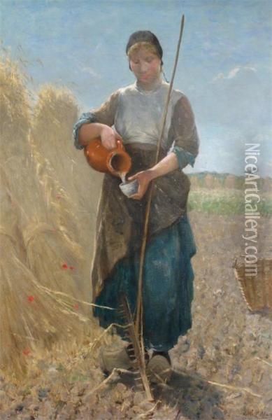 A Young Women In The Fields Pouring Water From A Jug Oil Painting - David De La Mar