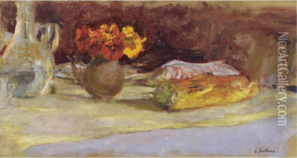Bouquet De Capucines, Carafe Et Pain Sur Une Table Oil Painting - Jean-Edouard Vuillard