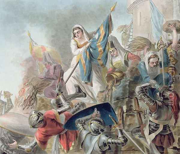 Jeanne Laisne Raises a Standard Against the Men of Bourgogne, engraved by Morret fl. 1790-1820 1787 Oil Painting - Antoine Louis Francois Sergent-Marceau