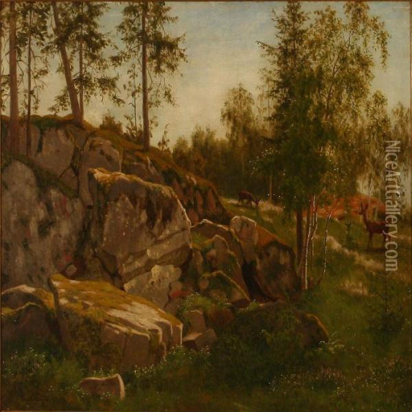 Forest Scene With Does Oil Painting - Carl Henrik Bogh