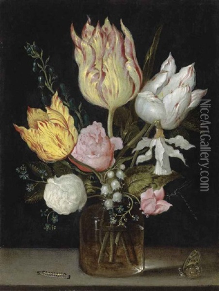Tulips, Roses, Bluebells, Narcissus Tortuosis, Forget-me-nots, Lily Of The Valley And Cyclamen In A Flask On A Stone Ledge With A Caterpillar... Oil Painting - Ambrosius Bosschaert the Elder