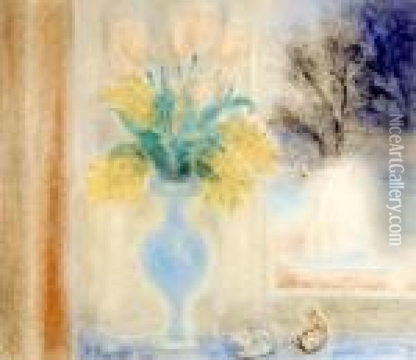 Vase Garni De Tulipes Et De Mimosas Oil Painting - Ferdinand Schirren
