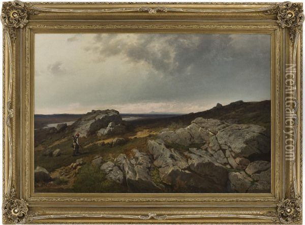Fjellandskap Med Jeger Oil Painting - Andreas Edvard Disen