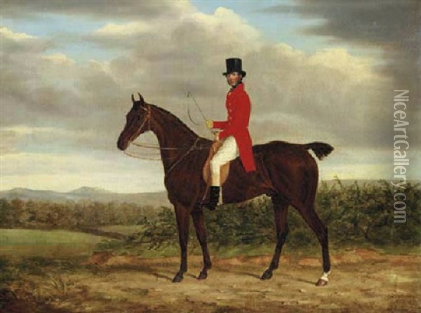 A Gentleman On His Bay Hunter In A Landscape Oil Painting - James (of Bath) Loder