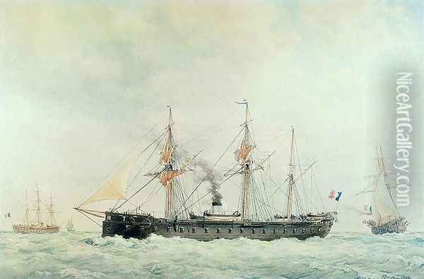 The French Battleship, La Gloire, 1880 Oil Painting - Francois Geoffroy Roux