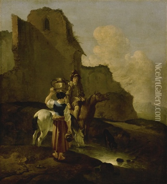 An Italianate Landscape With Two Peasants And Horses Near Ruins Oil Painting - Karel Dujardin