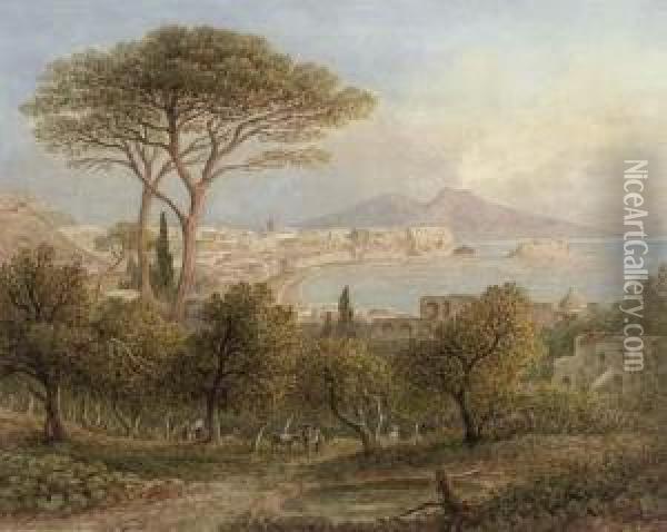 View Of The Bay Of Naples, Vesuvius Beyond Oil Painting - R. Mulle