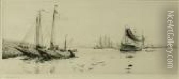 Dutchbarges At Anchor Oil Painting - William Lionel Wyllie