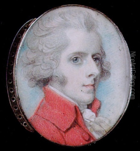 A Gentleman With Powdered Hair Wearing Red Coat And White Cravat Oil Painting - Richard Cosway