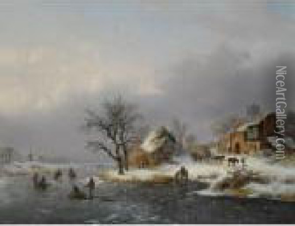 A Winter Landscape With Skaters, A Horse-drawn Cart On A Path Nearby Oil Painting - Frederik Marianus Kruseman