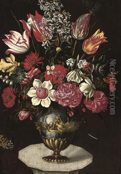 A Stock, Chrysanthemums, Roses, Anemones, Parrot Tulips, And Otherflowers In A Classical Urn On A Plinth, With A Butterfly Anddragonfly Oil Painting - Francesco Codino