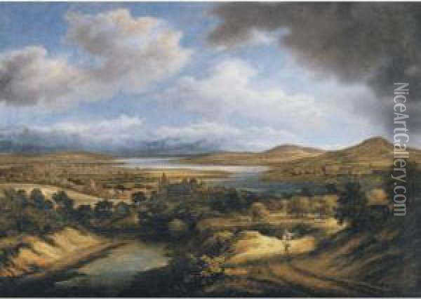 A Panoramic River Landscape Oil Painting - Philips Koninck