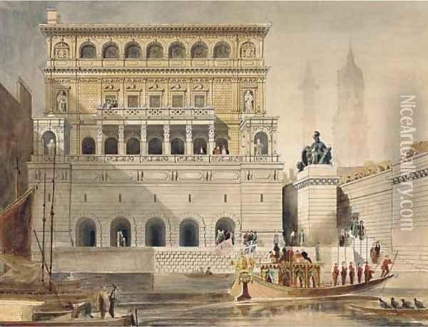 Dignataries arriving on a livery barge at Fishmonger's Hall, the Monument and the spire of St. Magnus the Martyr beyond Oil Painting - English School