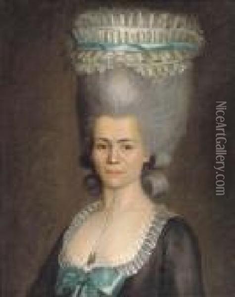 Portrait Of A Lady, Bust-length, Wearing An Elaborateheaddress Oil Painting - Jens Juel