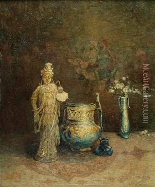 Eastern Treasures: A Still Life Of Asian Pottery Oil Painting - Paul Bernard King