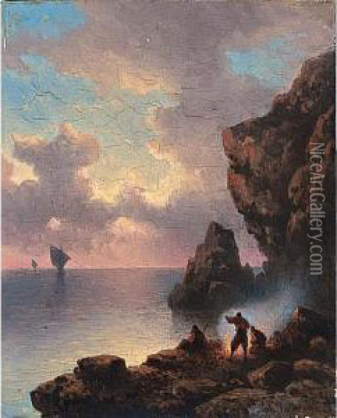 Fishermen Near The Seaside In An Evening Landscape Oil Painting - Johannes Hilverdink