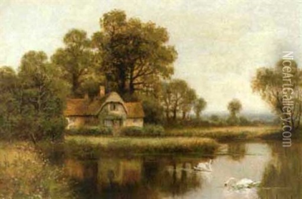 Swans By A Cottage Oil Painting - William Langley