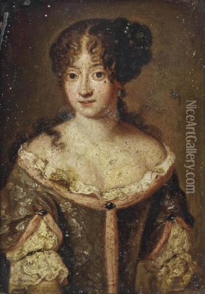 Portrait Of A Lady, Half-length,
 In A Blue Silk Dress With Pink Trimming And A White Lace Chemise, Pearl
 Ornaments In Her Hair Oil Painting - Jacob Ferdinand Voet
