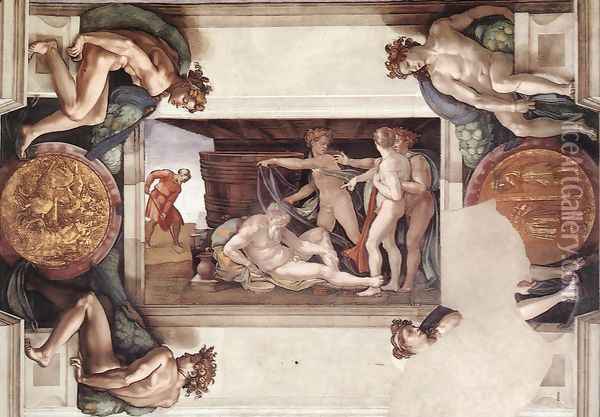 Drunkenness of Noah (with ignudi and medallions) 1509 Oil Painting - Michelangelo Buonarroti