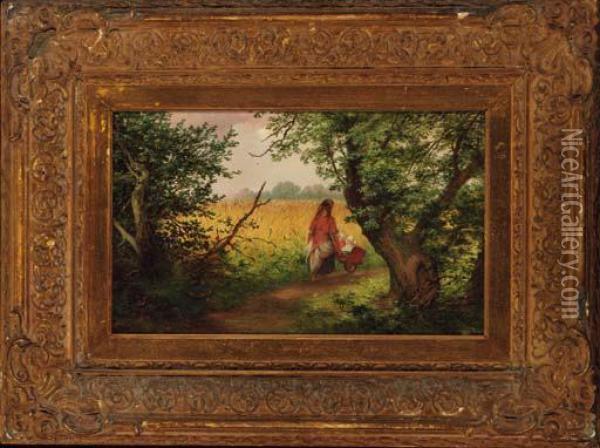 Children By A Wheatfield, Blairgowrie Oil Painting - John Cairns